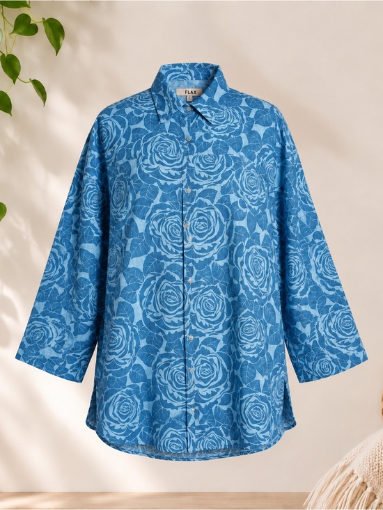 Flax Tops - Flax 100% Linen Blue Floral Button-Down Shirt